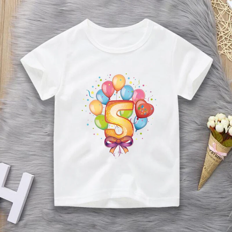 

White Happy Birthday Gift Tshirt Baby Boy Clothes Cartoon Number Print Funny T-shirt Kids Summer O-Neck Tops Boys Girls T Shirt