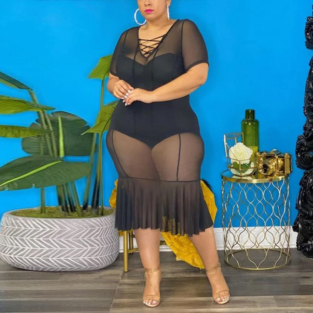 

Черные прозрачные платья для женщин, Новинка лета 2021, облегающее платье на шнуровке до середины икры, сексуальное вечернее платье для ночно...