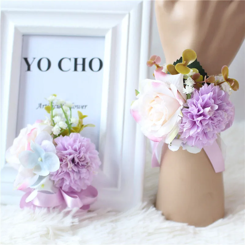 

YO CHO Women Brooches Wedding Corsages and Boutonnieres Silk Wrist Corsage Bracelet Flowers Groom Boutonniere Pin Buttonhole