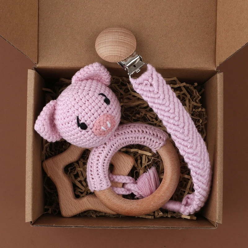

1Set Crochet Bunny Baby Teether Rattle Safe Beech Wooden Teether Ring Pacifier Clip Chain Set Newborn Mobile Gym Educational Toy