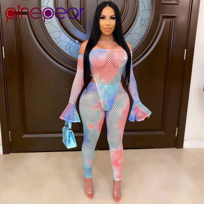 

Женский комбидресс с принтом PinePear, сетчатый боди с принтом в виде красителя и штаны, вечерние комплекты из 2 предметов, Прямая поставка