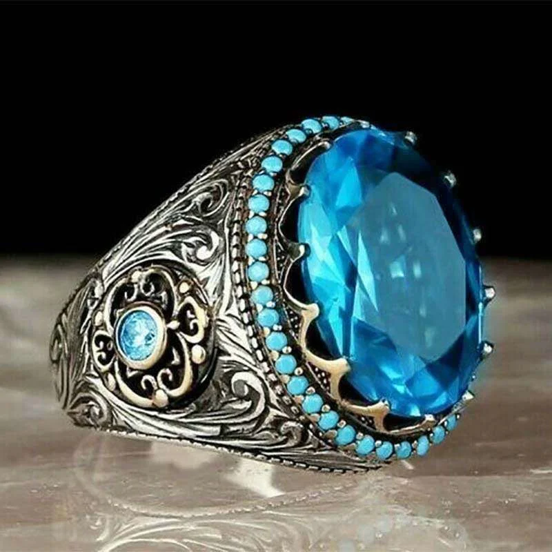 

Ofertas Vintage Egg-Shaped Blue Crystal Carved Pattern Female Ring for Women Party Engagement Jewelry Accessories Size 7-12
