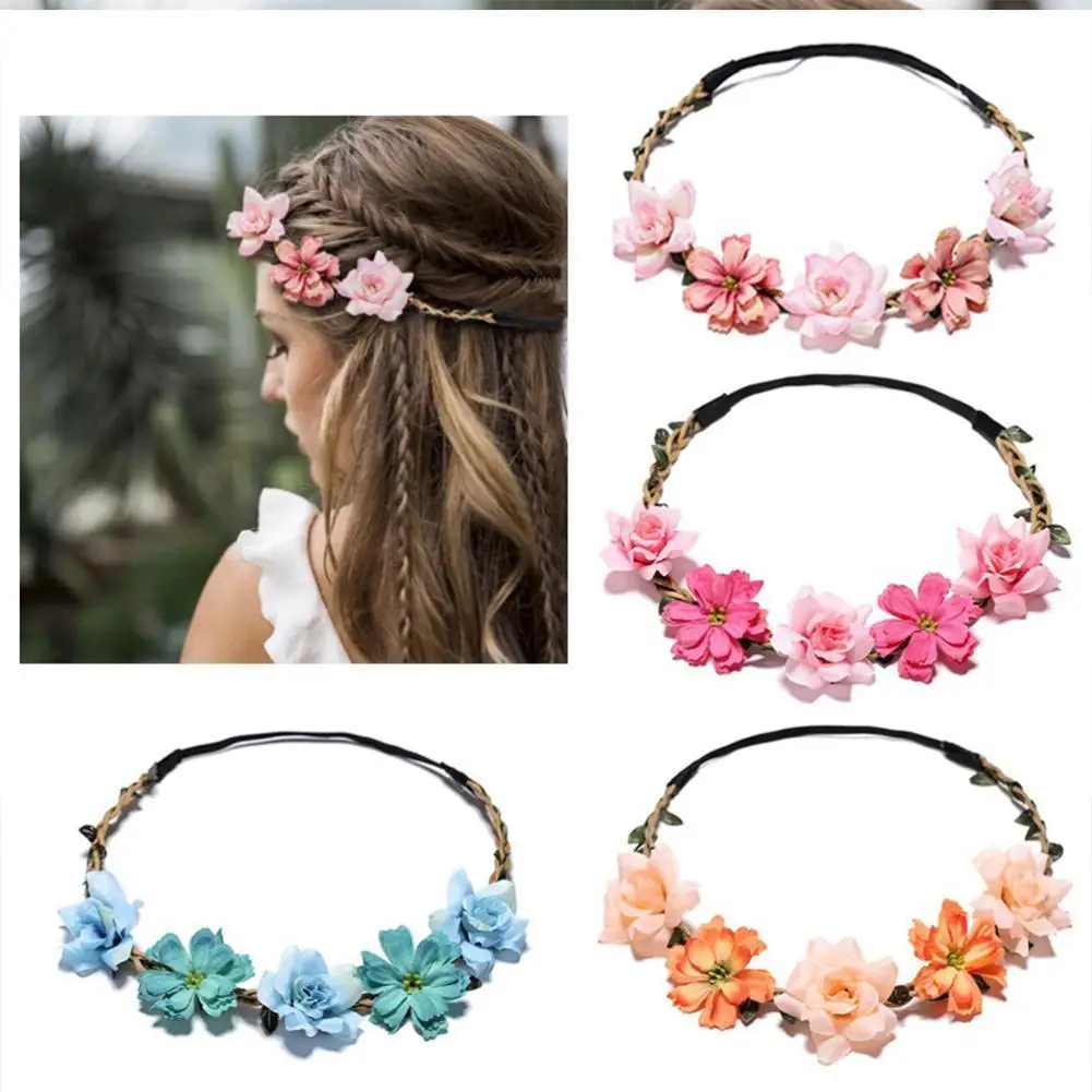 

Spring Bohemian Flower Crowns Beach Hawaii Floral Garland Romantic Faux Rose Wedding Wreaths New Flower Headband