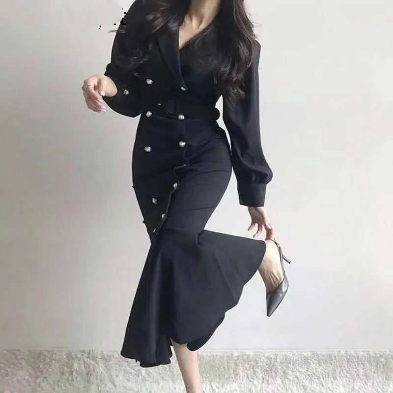 

SONDR Fashion Women Maxi Solid Maxi Dress Eleagnt Office Lady Chic Korean Bodycon Dresses Slim Double Breasted Vestidos 2021