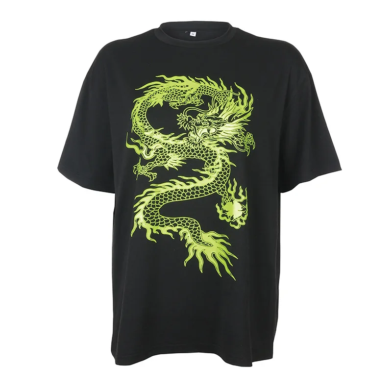 

Eversea Chinese Dragon Print T-Shirt Women Fashion Style Long Length Short Sleeve Round Collar Loose Type Tops