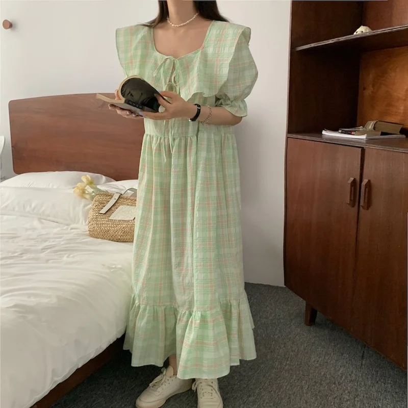 

Korejpaa Women Dress 2021 Summer Korea Temperament Sweet Ladies Square Neck Ruffle Stitching Slim Waist Bow Loose Plaid Vestidos