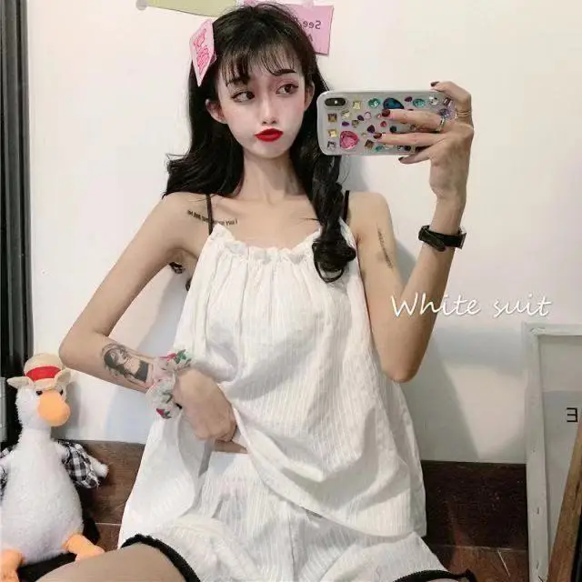 

Summer home wear pajamas lovely foreign style suit women's sling + shorts thin net red two-piece set