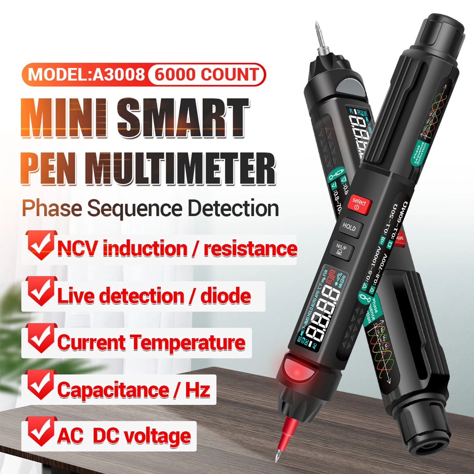 

ANENG Digital Multimeter A3008 Pen Multimeter 6000 Counts Meter Tester NCV Auto-off Multiple for Voltage Current Resistance