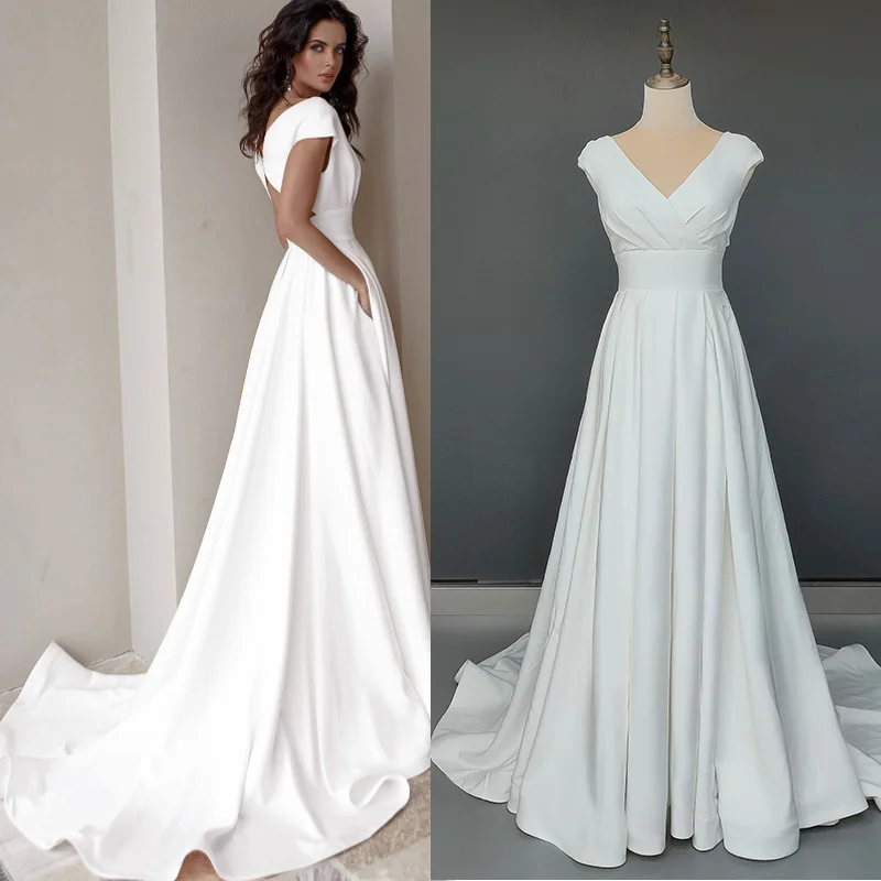 

8183#Real Photos Sleeveless Sexy V-Neck Open Back Sheath A-Line Satin Side Pocket Sweep Train Wedding Dress Wedding Bridal Gown