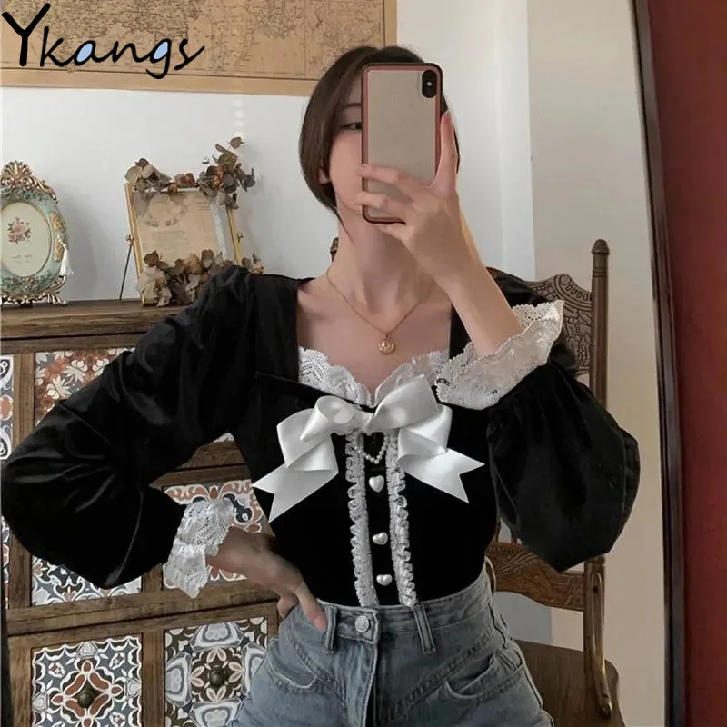 

Square Collar Korean Y2k Lace Kawaii Blouses Women Long Sleeve Autumn Button Elegant Sweet Chic Tops Velvet Shirt Pullover Femal
