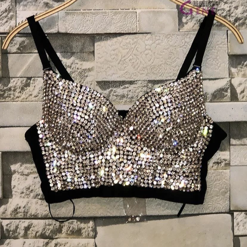 

Plus Size High quality Hand-made Pearls Jewel Diamond beading Women's Sexy Bustier Bra Cropped sling Top Vest Bra bling