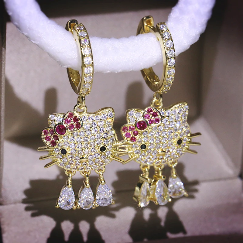Женские серьги в виде котенка золотого и желтого цвета с кристаллами | Украшения