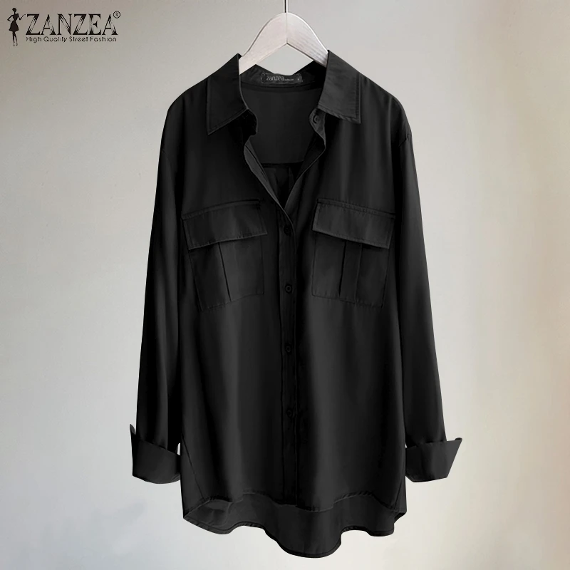 

ZANZEA Oversized Lapel Blusas Women OL High Low Tops 2022 Autumn Irregular Blouse Lady Casual Pocket Chemise Fashion Solid Shirt