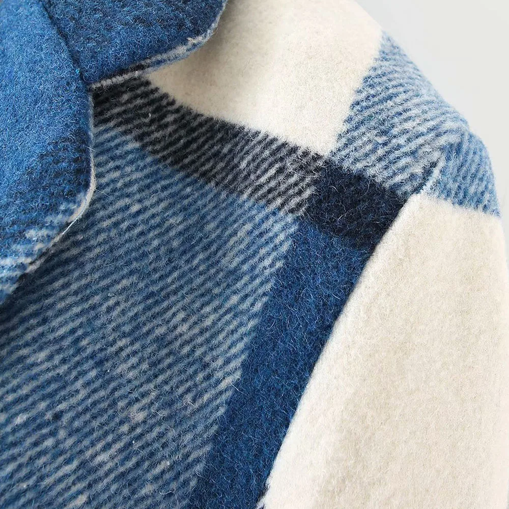 

Ladies jacket 2021 spring new blue retro fashion chic long-sleeved lapel plaid loose double-breasted suit jacket