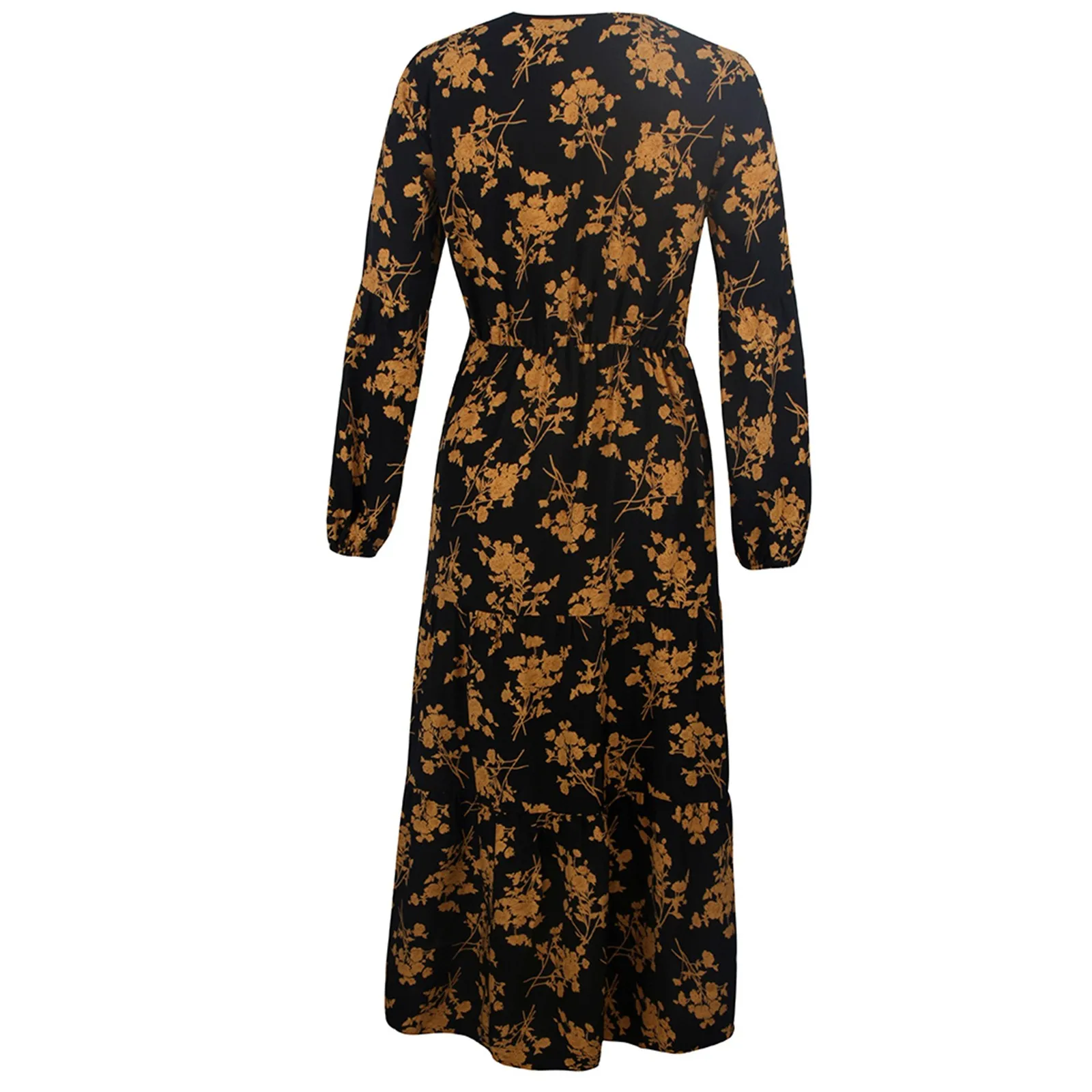 

Woman's 2021 Spring And Autumn New Fashion And Ladylike V-neck Gold Printed Long Lantern Sleeves Loose Mid-calf Length Dress