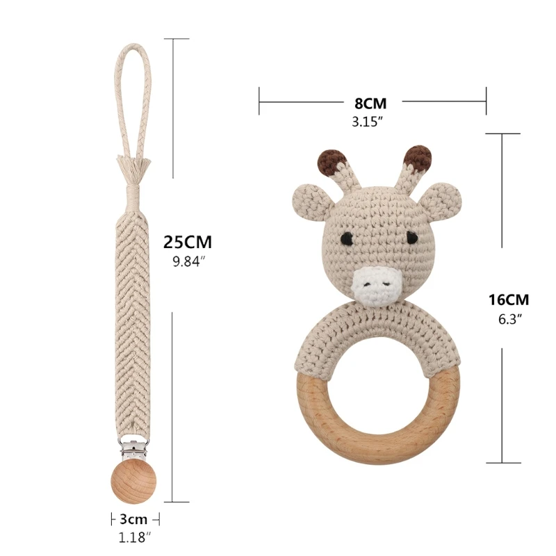 

3Pcs Baby Wooden Teether Crochet Pacifier Chain Clips BPA Free Wood Rodent Rattle Baby Mobile Gym Educational Toys
