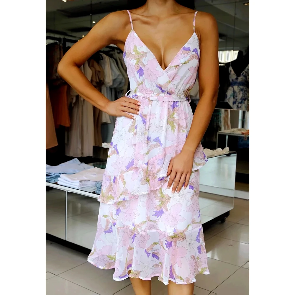 

GypsyLady White Floral Print Summer Dress Chiffon Vintage Holiday Women Dress V-neck Backelss Ruffles Belted Female sexy Dress