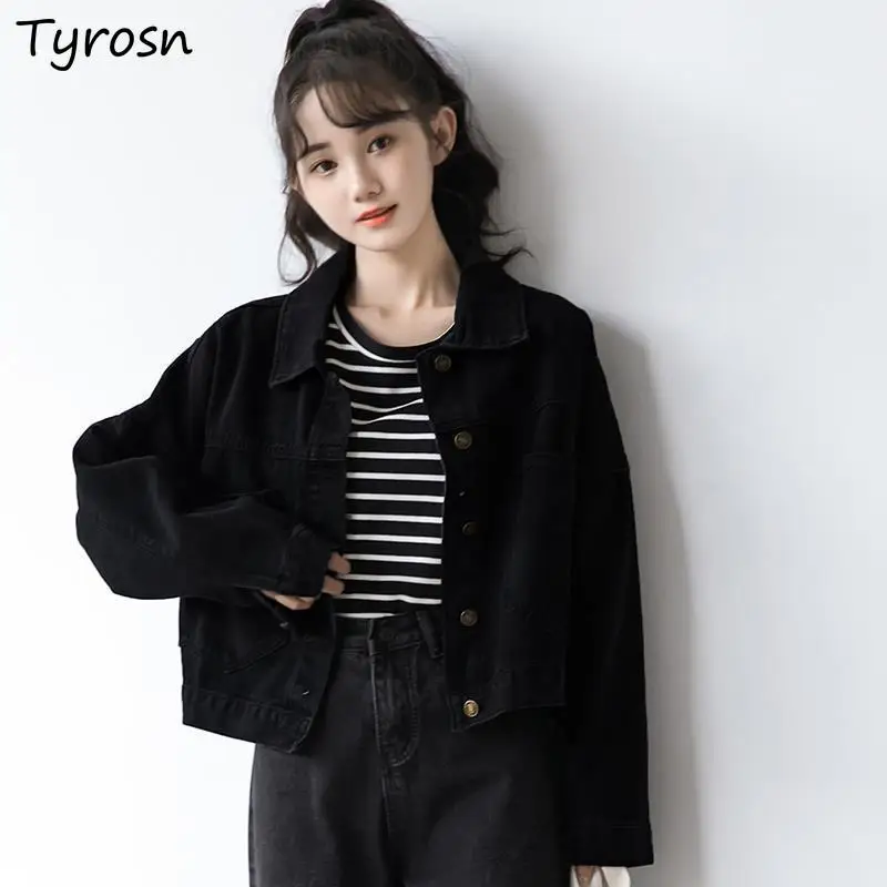 

Джинсовые куртки Женские однотонные простые свободные повседневные Модные неувядающие элегантные пальто универсальные Ulzzang высокого каче...