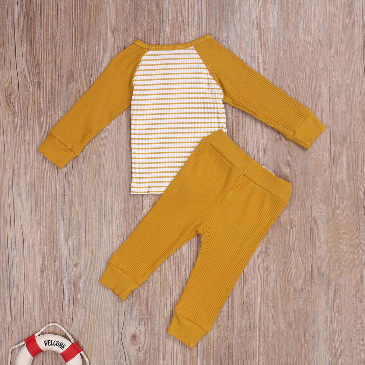 

Newborn Baby Boys Girls 6M-4T Stripes Round-Neck Long-Sleeves T-Shirt + Solid-Color Elastic Waist Pants Suits for Boy Girl