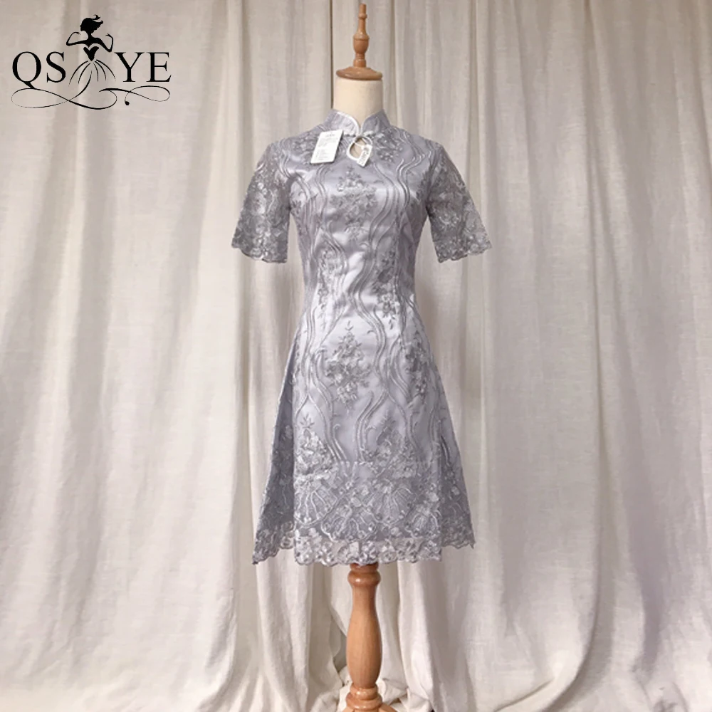 

Embroidery Lace Grey Short Prom Dress High Neck Short Sleeves Mother of the Bride Dress Flowers Girl Party Gown Cheap Women Gown