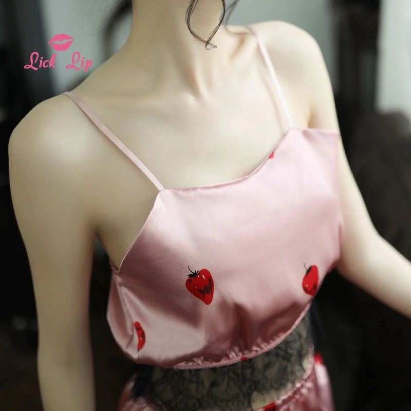 Lick Lip Small Strawberry Pajamas Set Women Silk Lace Mesh Sleepwear Sexy Sling Two Piece Comfortable Nightwear SWD17356-30 | Женская