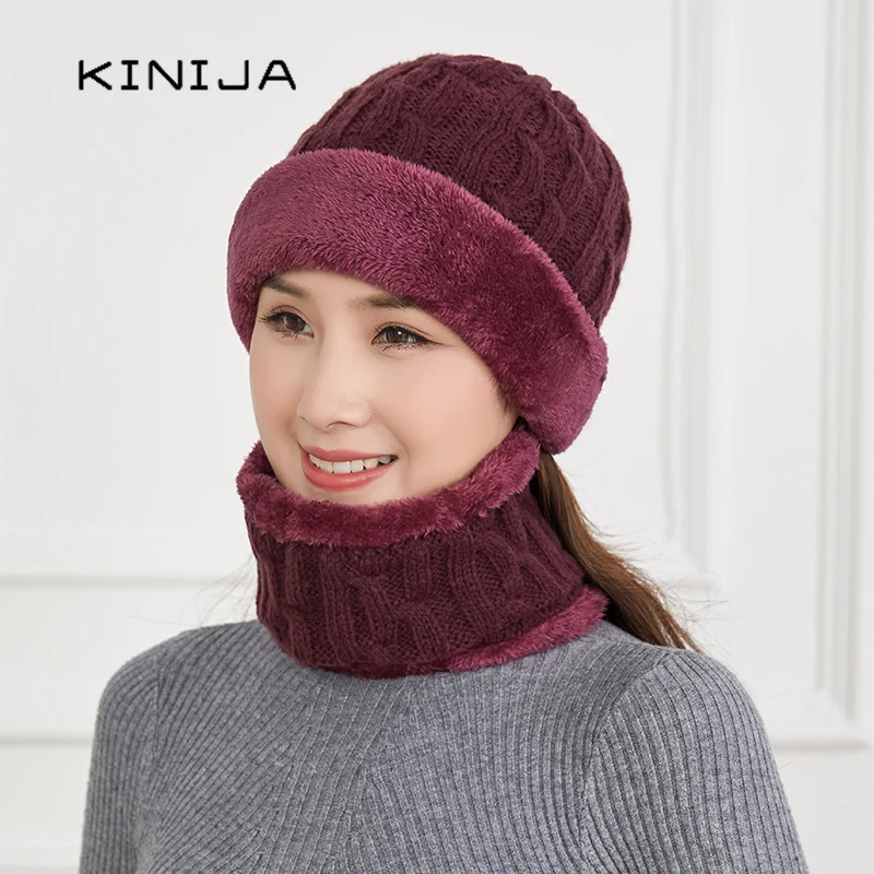 

Winter Beanie Hat For Women Russia ski Knitted Thick Wool Neck Scarf Cap female outdoor coldproof warm plush Solid Hat Scarf set