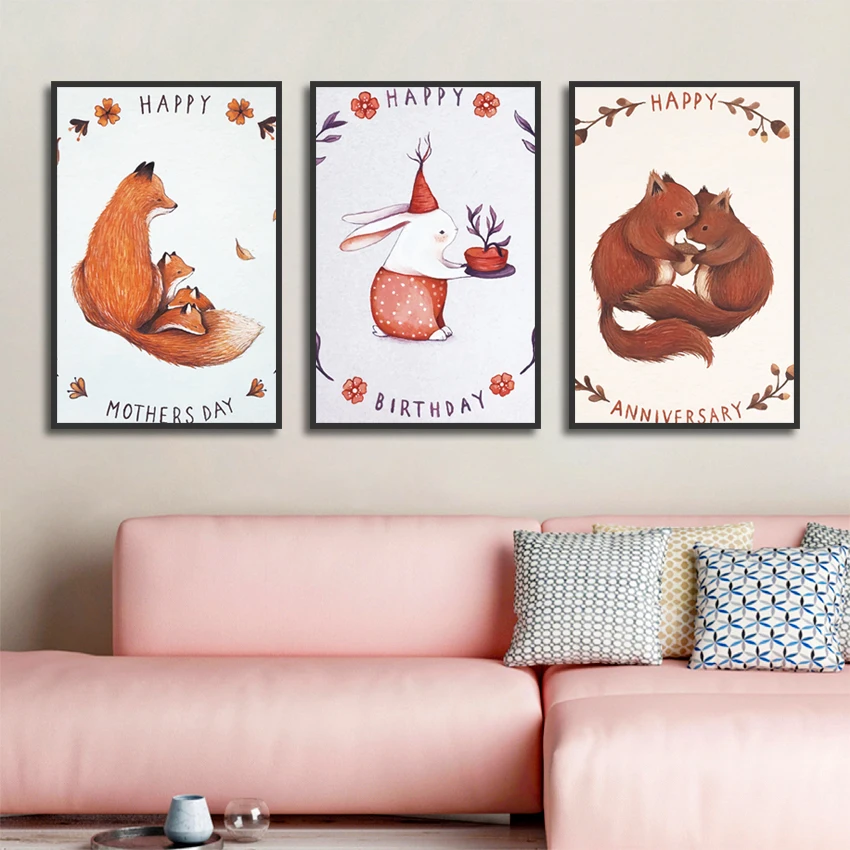 Милый Лисий и кролик плакат с художественным изображением мультяшного животного