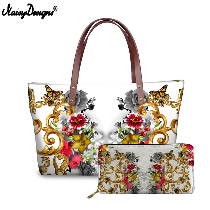 Женский комплект из 2 сумок и кошельков с золотистыми цветами|Сумки ручками| |