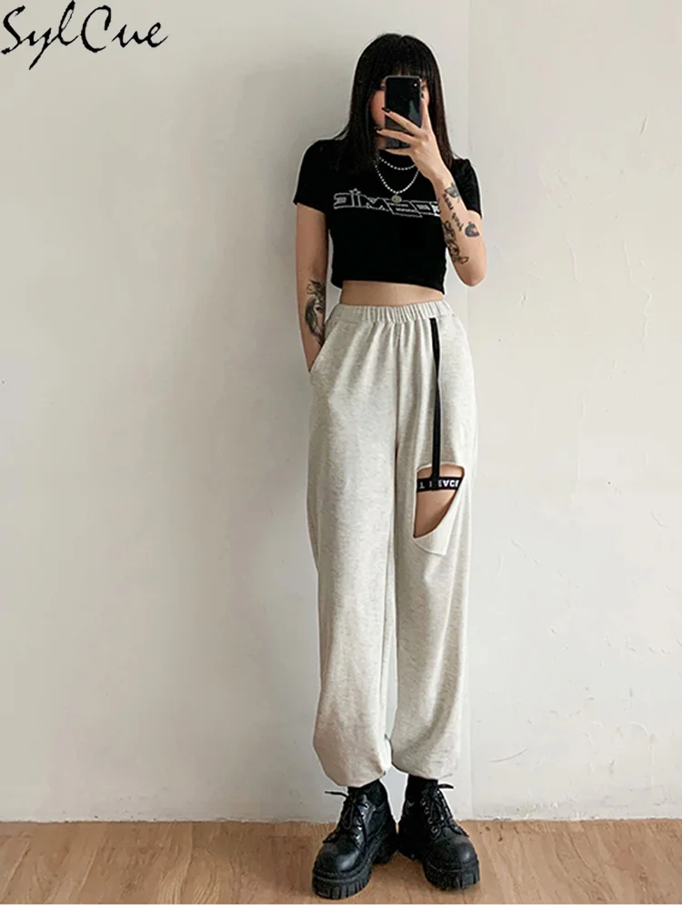 

Sylcue Hole Design Sense Fashion High Street All-Match Commuter Tooling Simple Slim Fit Leggings Casual Women's Bloomers