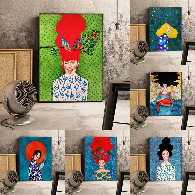 

Абстрактные цветы, девушка, волосы, настенная Картина на холсте, птица, скандинавский плакат, художественные принты, настенные картины для г...