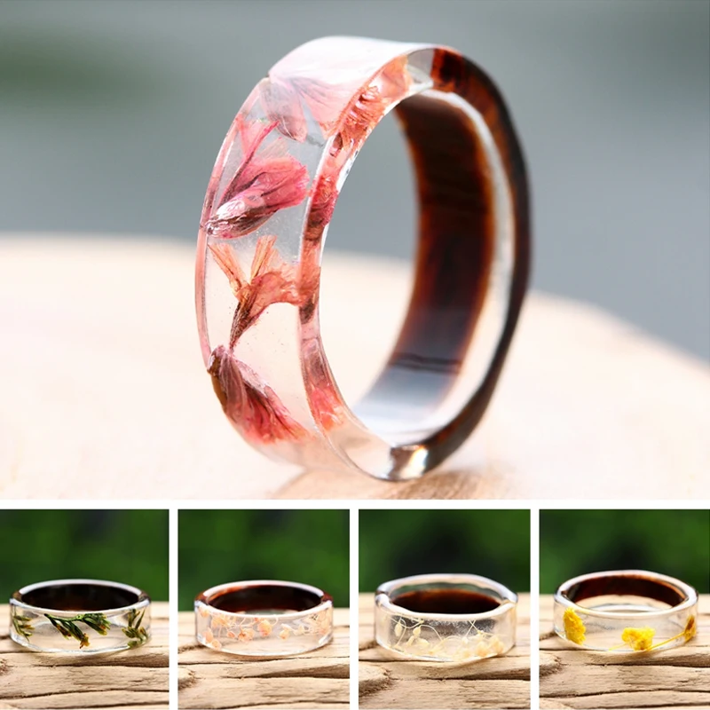 

2021 Hot Handmade Wooden Resin Ring Plant Nature Flower Grass Landscape Ring Wood Ring Transparent Romantic Anniversary Gift