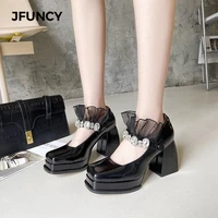 jfuncy woman pumps mary jane high heeled shoes spring lace rhinestone elegant word with square platform heels womens shoe