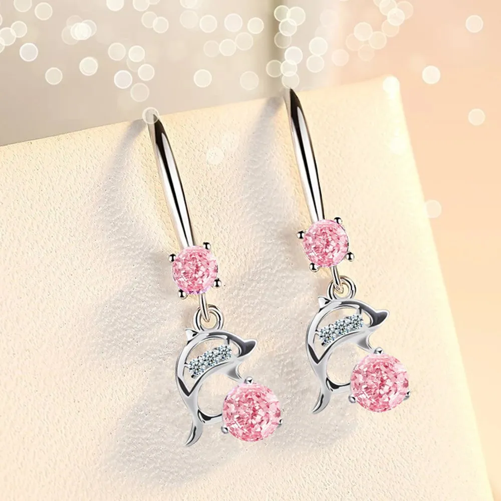

925 Sterling Silver New Woman Fashion Jewelry Purple Pink Crystal Zircon Dolphin Hot Sale Tassel Hoops Piercing Earrings