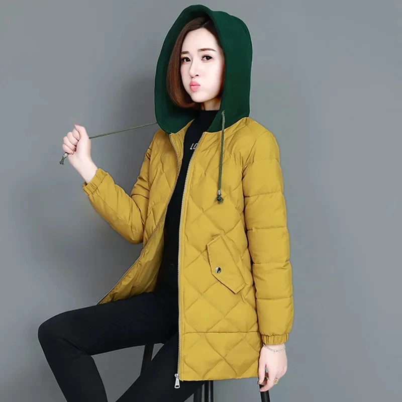 2021 Women New Winter Down Cotton Jacket Female Mid-Length Loose Korean Diamond Check Cotton Coat women casual hooded tide A18