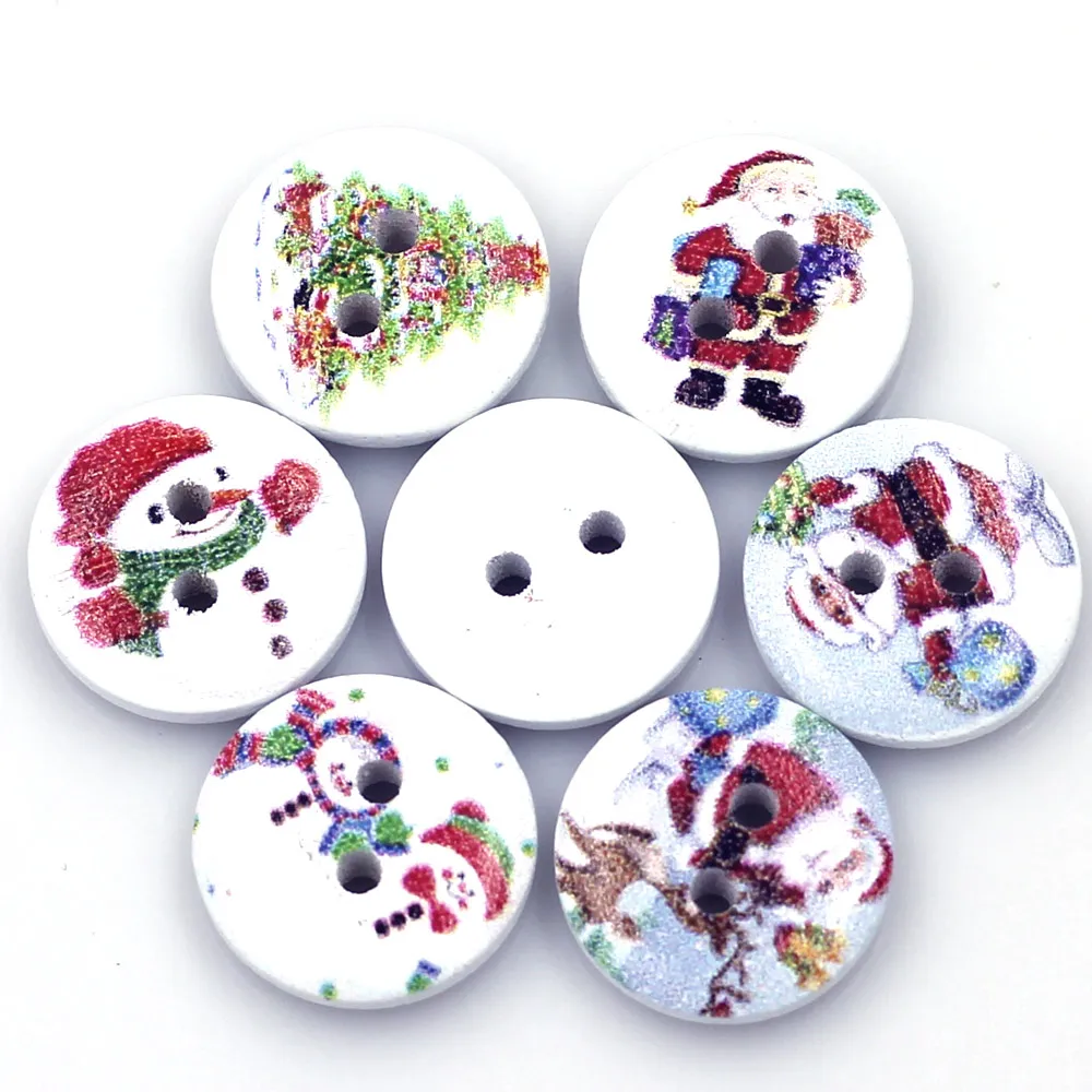 

20 Mixed Christmas Santa Claus Snowman Pine Round Flatback Wood Sewing Buttons 2 Holes Scrapbook Crafts Clothes Accessories 15mm