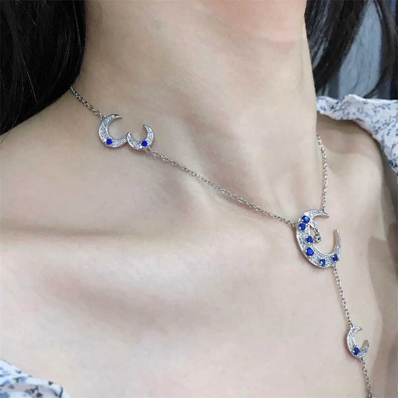 KOFSAC Exquisite Zircon Dark Blue Sun Moon Stars Necklace Girl Jewelry 925 Sterling Silver Necklaces For Women Party Accessories