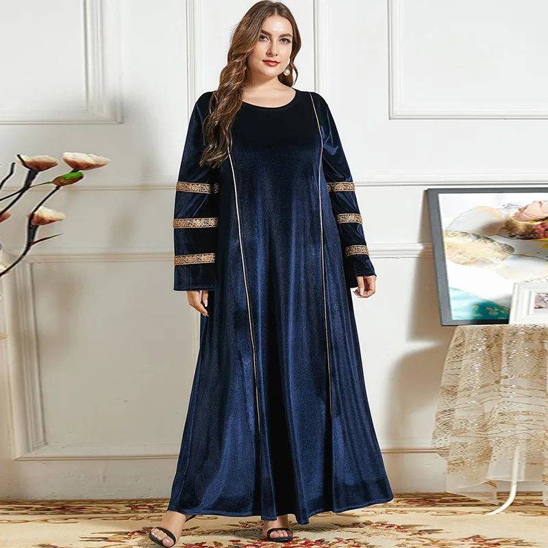 

British women's fashion embroidery autumn and winter wear long-sleeved thick velvet pleated long skirt Muslim women's dress