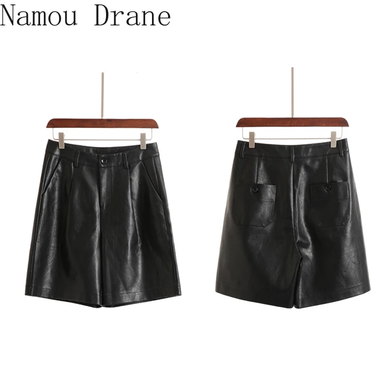 

Fashion High Waist Faux Leather Shorts Women Streetwear Women PU Leather Loose Shorts Pockets 2021 Spring Summer