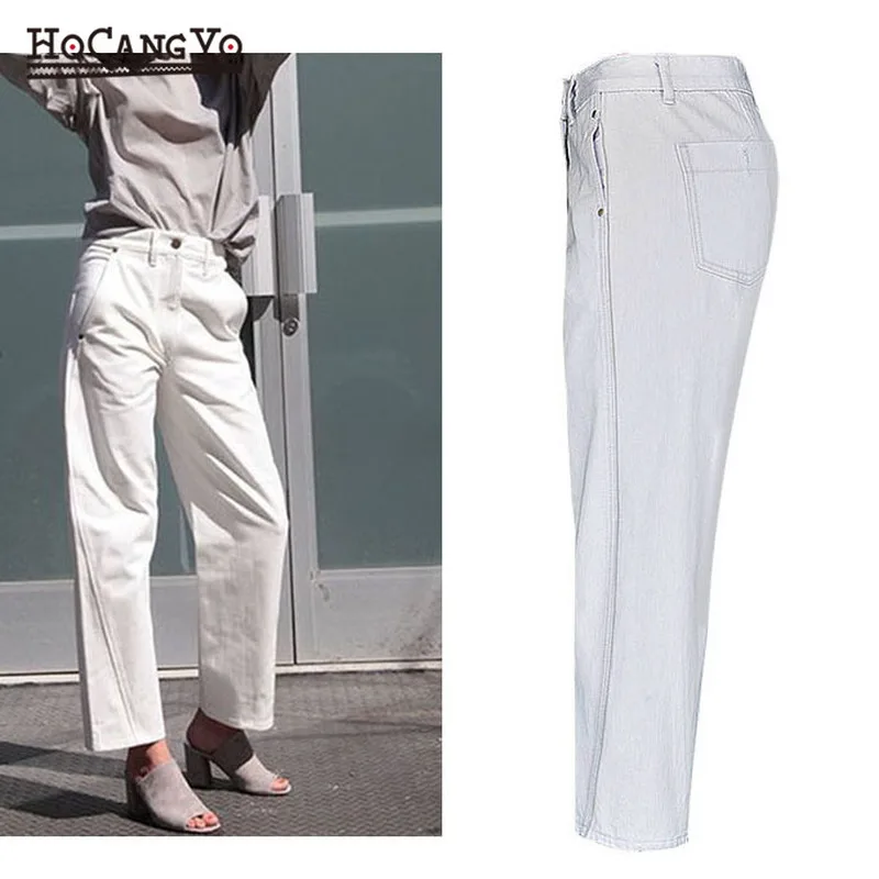 Летние женские повседневные белые джинсы с высокой талией свободные потертые