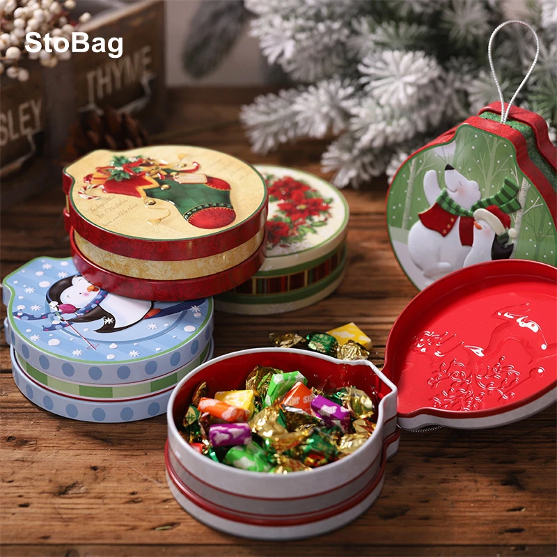 StoBag Christmas Candy Gift Packaging Iron/Tin Box Sweet Jar Christmas Tree Hanging Ornament Party Handmade Cookies Decoration
