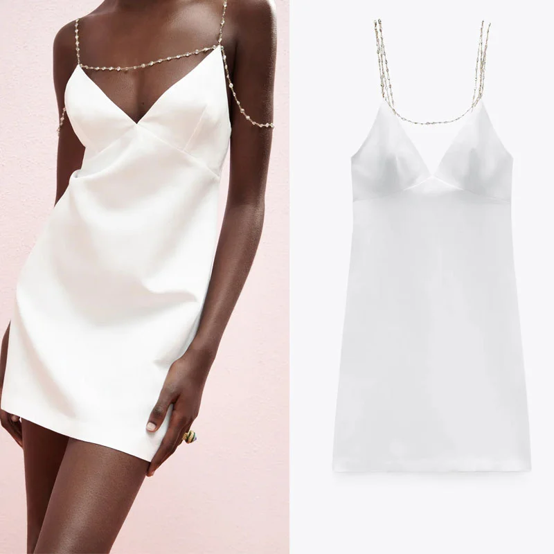

Za 2021Summer White Linen Blended Fabric Fashion Casual Camisole Solid Color Women's Skirt Back Zipper Chic Gemstone Strap Dress