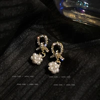 925 silver needle korean original design net red fashion sweet diamond inlaid freshwater pearl geometric circle earrings