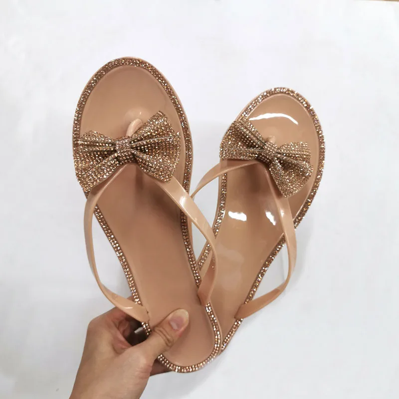 

2020 new summer women Flip Flops Ladies Slippers Sweet Bow Rhinestone PVC Flat Bottom breathable Women Beach Shoes