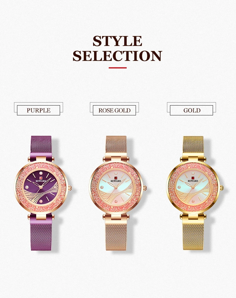 

REWARD Women Watches Rotation Diamond Glowing Dial Mesh Strap Quartz Japan Movement Waterproof Wristwatch Girl Dress Clock