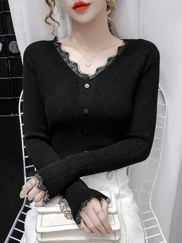 Lace sweater long sleeve Pullover V-neck bottomed shirt autumn 2021 new women's sweater Korean soft and lazy