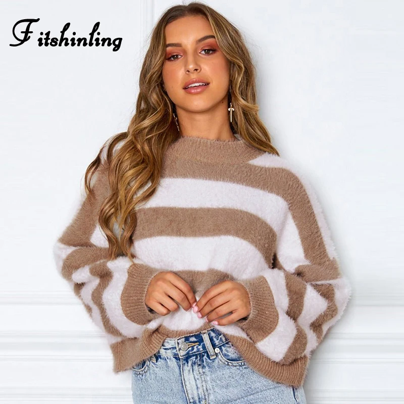 Fitshinling Hairy Striped Women Sweaters Winter 2019 Fuzzy Slim Long Sleeve Knitted Jumper Pullovers Femme Boho Sweater Ladies | Женская