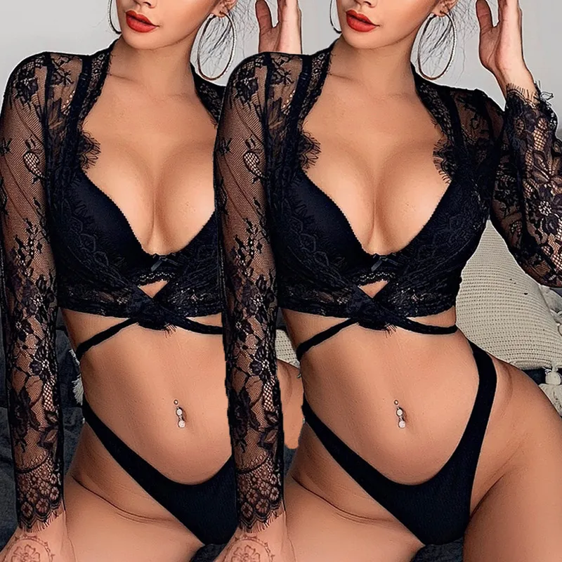 

Women Floral V Neck Sheer Lace Beach Wear Bikini Cover Up Long Sleeve Crop Top