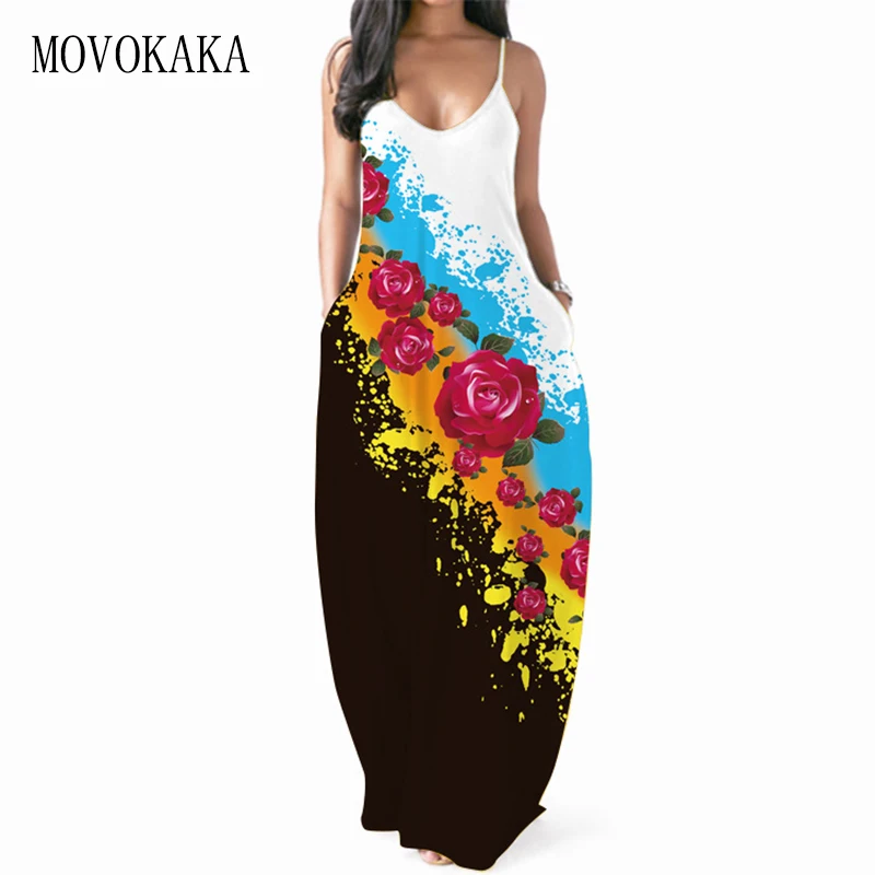

MOVOKAKA 3D Rose Printed Sexy Strap Dress Women 2021 Summer Beach Sundresses Elasticity Vestidos Long Dresses Party Dress Casual