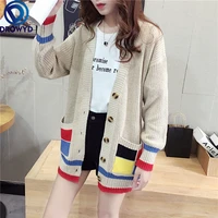 fashion blue v neck plaid knitted sweater cardigan jacket women 2021 models new loose outer wear lazy wind single breasted top