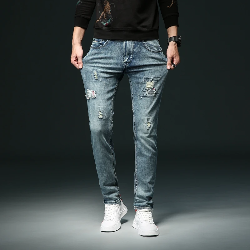 Новинка 2020 Осень-зима мужские тонкие эластичные хлопковые джинсы модные уличные
